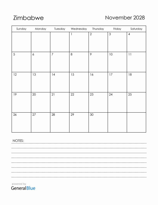 November 2028 Zimbabwe Calendar with Holidays (Sunday Start)
