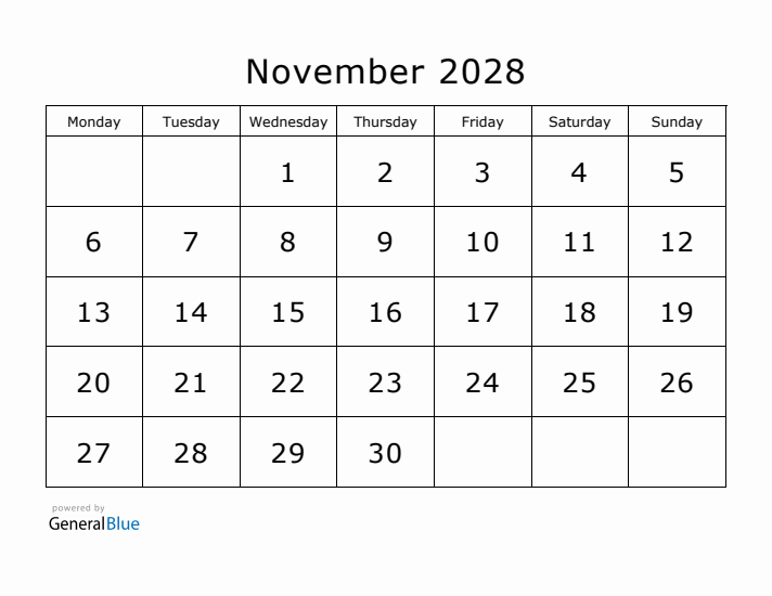 Printable November 2028 Calendar - Monday Start