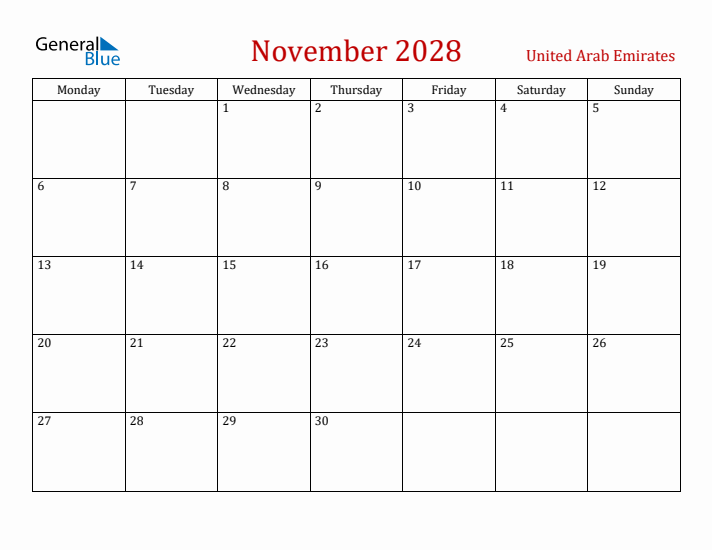 United Arab Emirates November 2028 Calendar - Monday Start