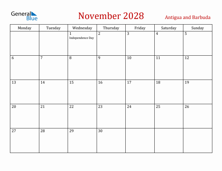 Antigua and Barbuda November 2028 Calendar - Monday Start