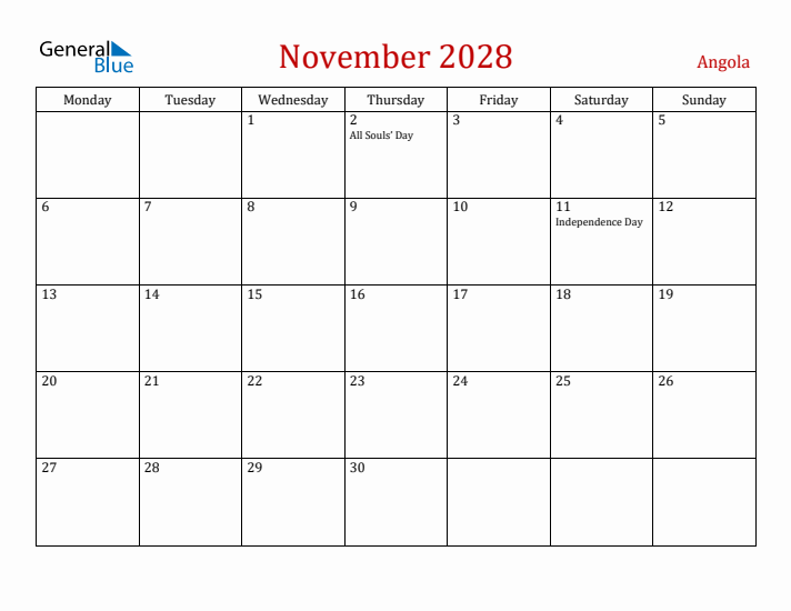 Angola November 2028 Calendar - Monday Start