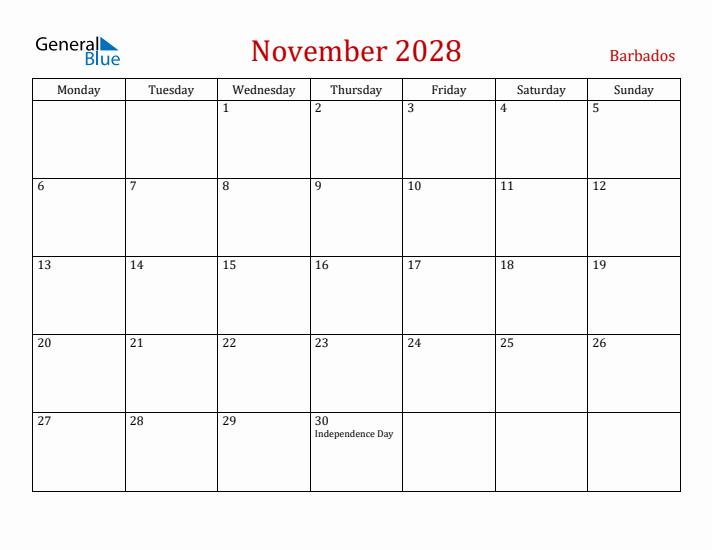 Barbados November 2028 Calendar - Monday Start