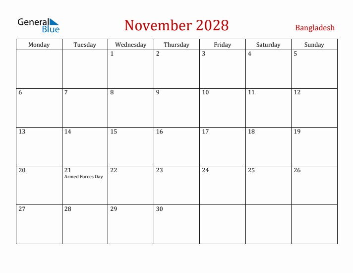 Bangladesh November 2028 Calendar - Monday Start