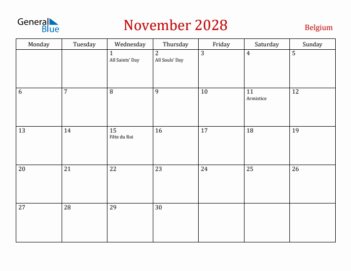 Belgium November 2028 Calendar - Monday Start