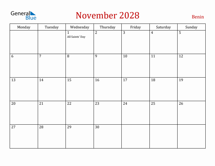 Benin November 2028 Calendar - Monday Start