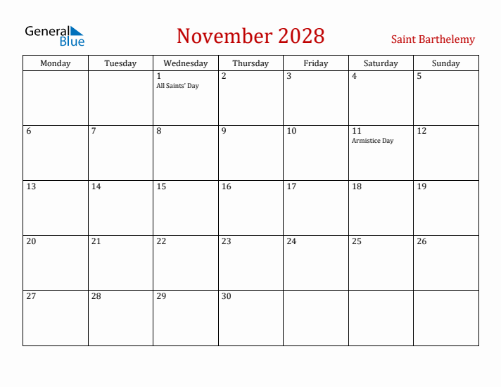 Saint Barthelemy November 2028 Calendar - Monday Start