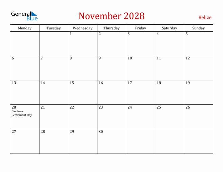 Belize November 2028 Calendar - Monday Start