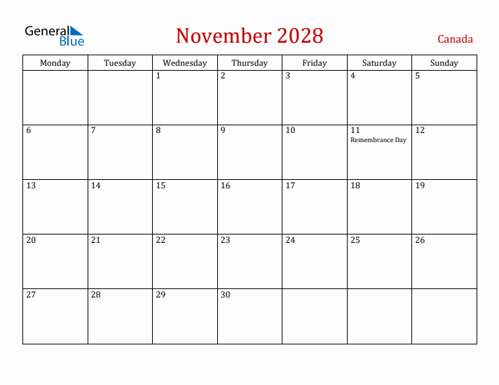 Canada November 2028 Calendar - Monday Start