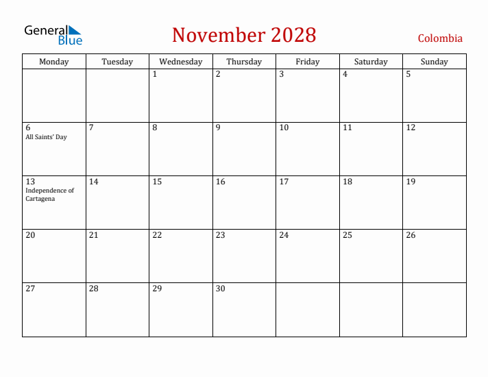 Colombia November 2028 Calendar - Monday Start