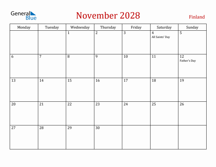 Finland November 2028 Calendar - Monday Start