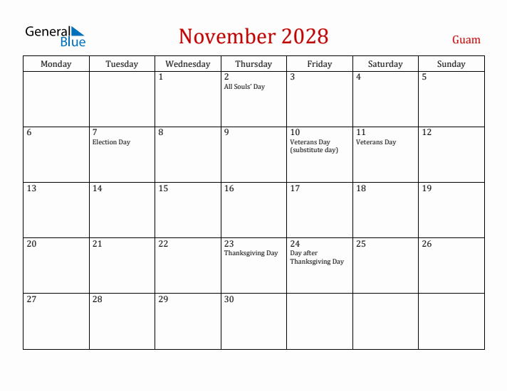 Guam November 2028 Calendar - Monday Start