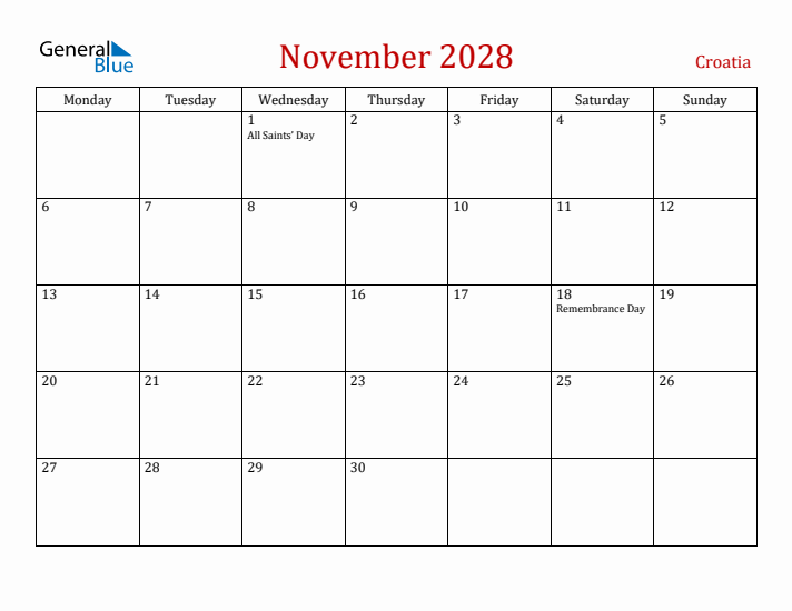 Croatia November 2028 Calendar - Monday Start