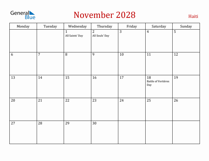 Haiti November 2028 Calendar - Monday Start