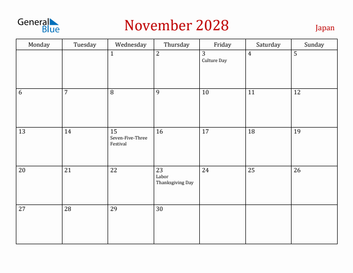 Japan November 2028 Calendar - Monday Start