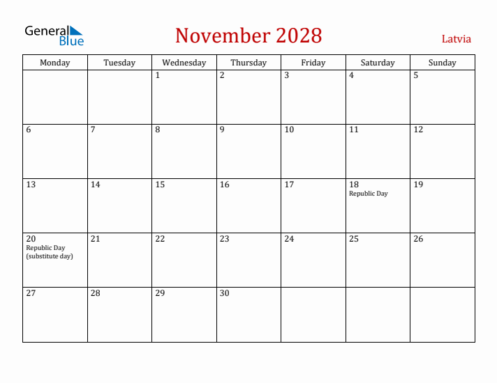 Latvia November 2028 Calendar - Monday Start
