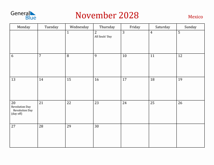 Mexico November 2028 Calendar - Monday Start
