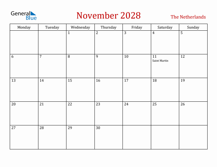 The Netherlands November 2028 Calendar - Monday Start