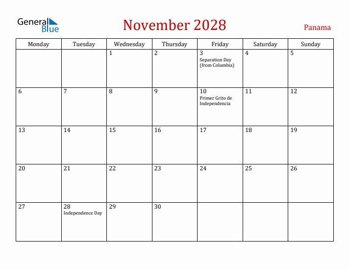 Panama November 2028 Calendar - Monday Start