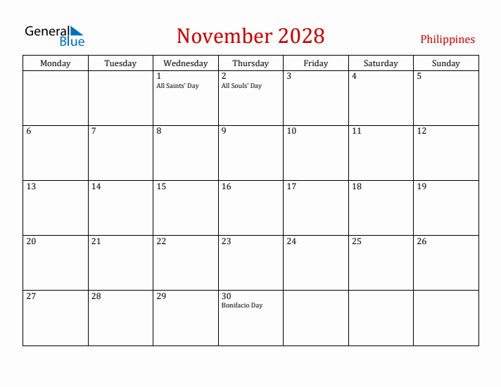 Philippines November 2028 Calendar - Monday Start