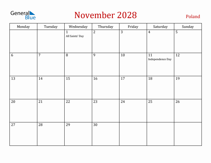 Poland November 2028 Calendar - Monday Start