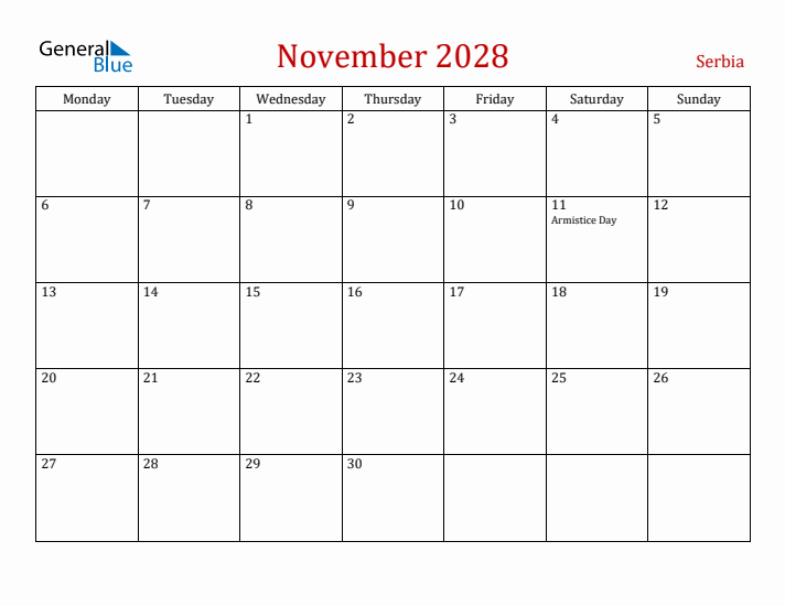 Serbia November 2028 Calendar - Monday Start