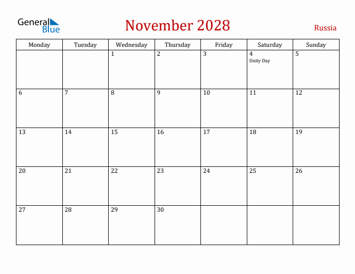 Russia November 2028 Calendar - Monday Start