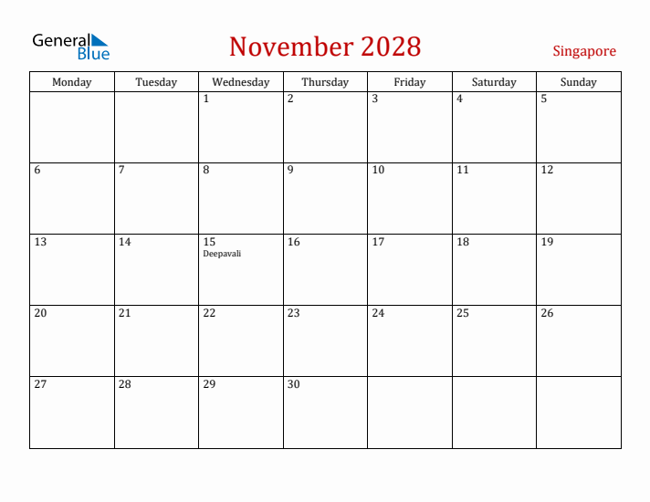 Singapore November 2028 Calendar - Monday Start