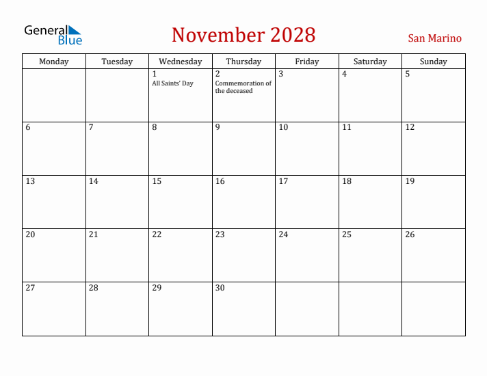 San Marino November 2028 Calendar - Monday Start