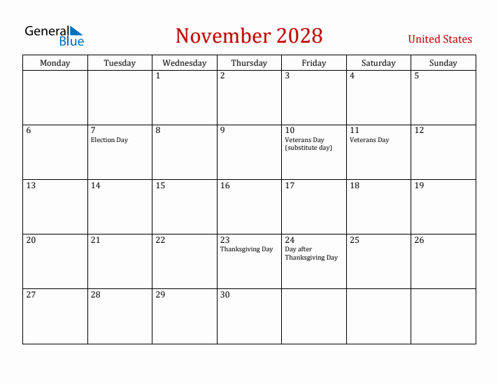 United States November 2028 Calendar - Monday Start