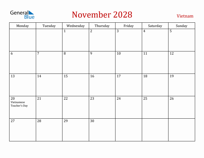 Vietnam November 2028 Calendar - Monday Start