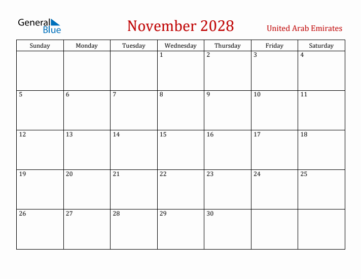 United Arab Emirates November 2028 Calendar - Sunday Start