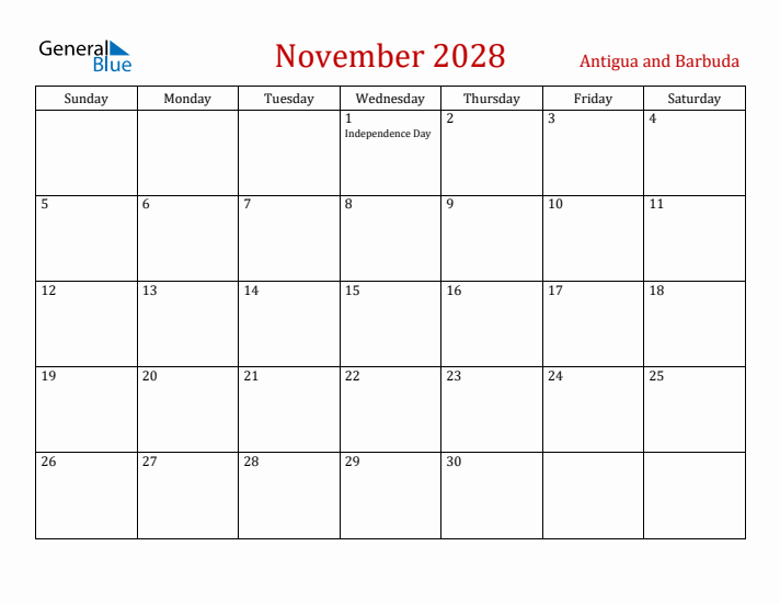 Antigua and Barbuda November 2028 Calendar - Sunday Start