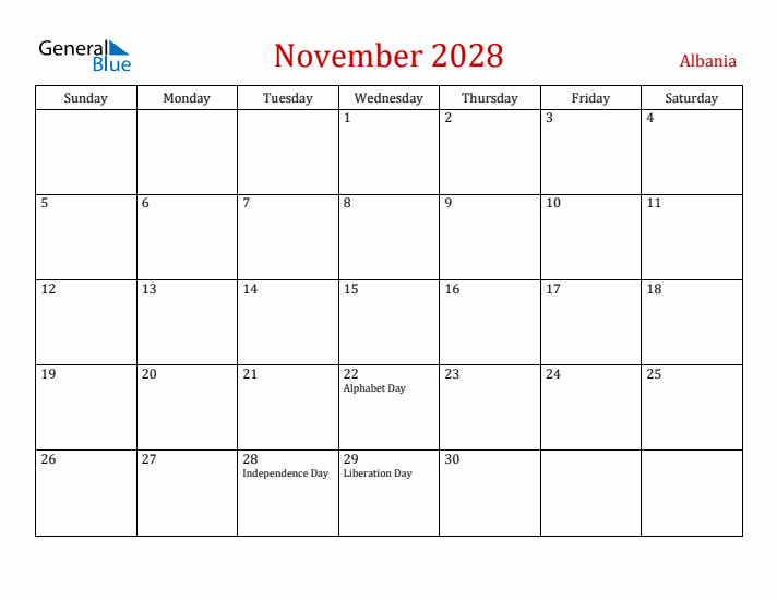 Albania November 2028 Calendar - Sunday Start