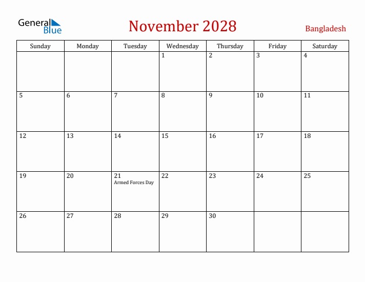 Bangladesh November 2028 Calendar - Sunday Start