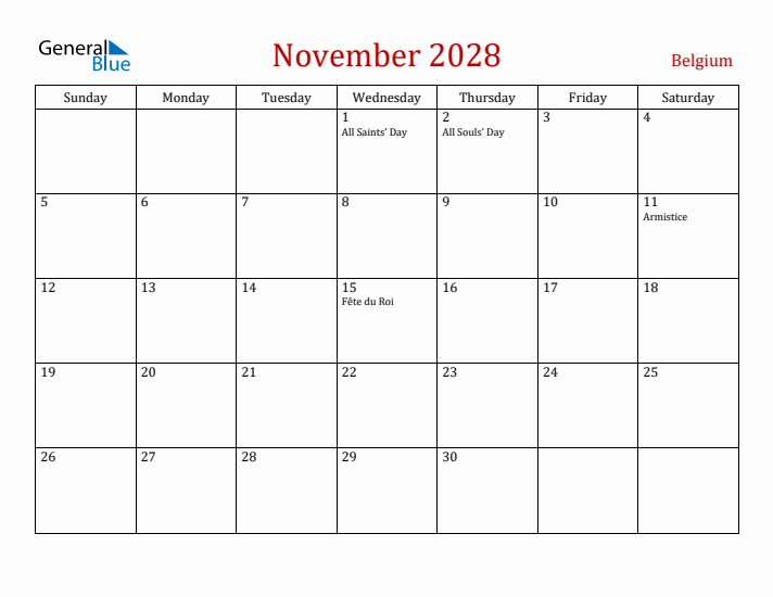 Belgium November 2028 Calendar - Sunday Start