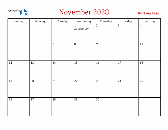 Burkina Faso November 2028 Calendar - Sunday Start