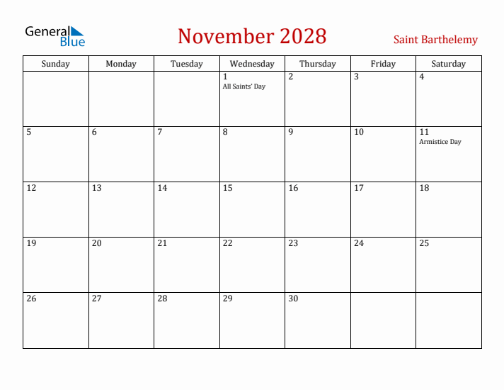Saint Barthelemy November 2028 Calendar - Sunday Start