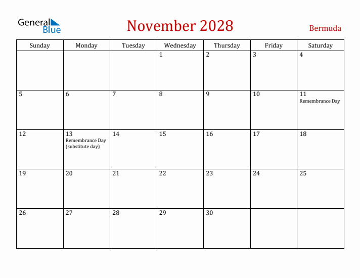 Bermuda November 2028 Calendar - Sunday Start