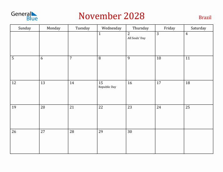 Brazil November 2028 Calendar - Sunday Start