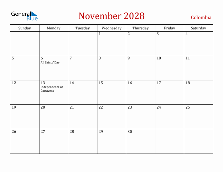 Colombia November 2028 Calendar - Sunday Start