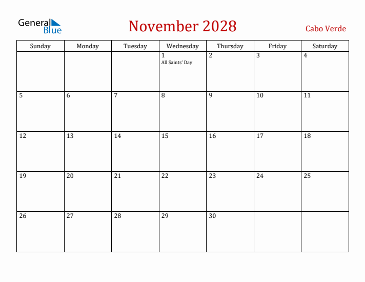 Cabo Verde November 2028 Calendar - Sunday Start