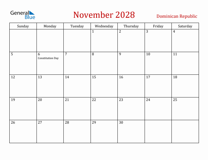 Dominican Republic November 2028 Calendar - Sunday Start
