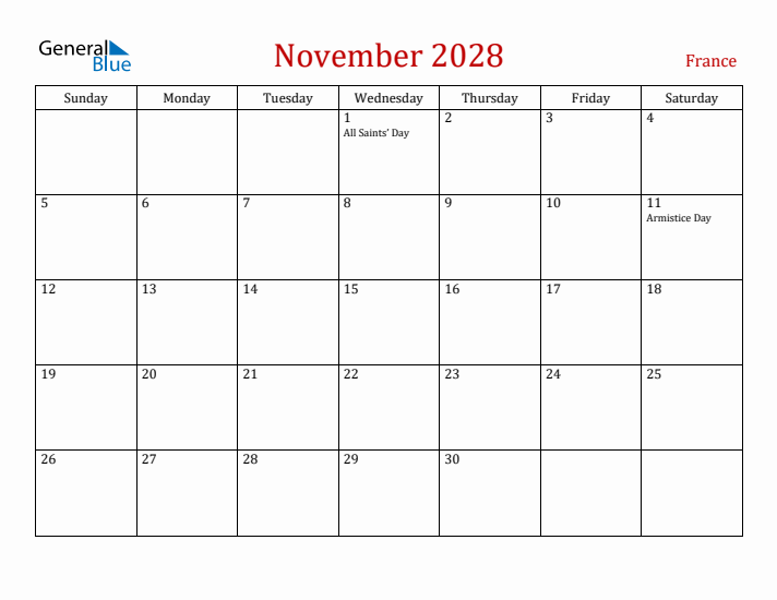 France November 2028 Calendar - Sunday Start