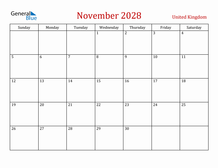 United Kingdom November 2028 Calendar - Sunday Start