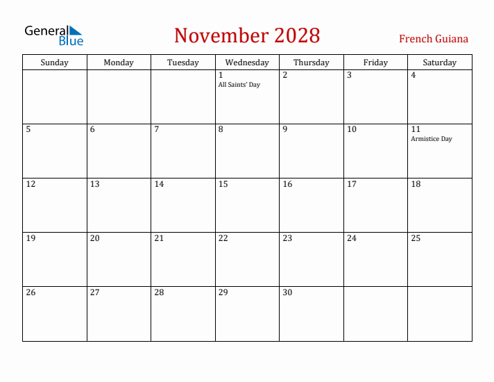 French Guiana November 2028 Calendar - Sunday Start