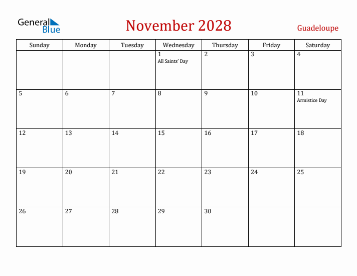 Guadeloupe November 2028 Calendar - Sunday Start