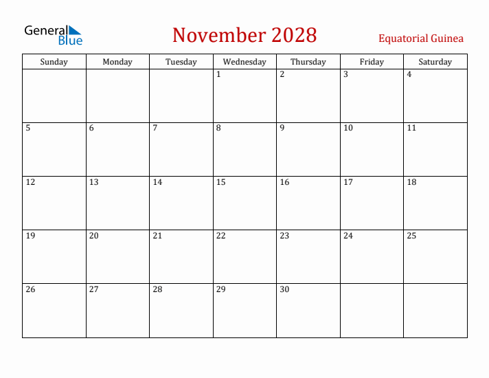 Equatorial Guinea November 2028 Calendar - Sunday Start