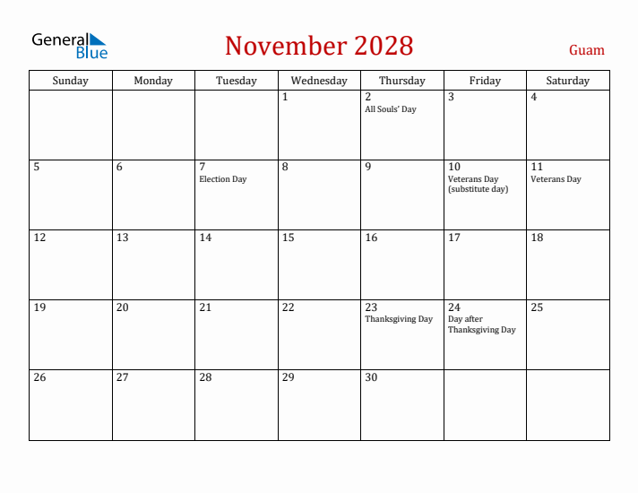 Guam November 2028 Calendar - Sunday Start