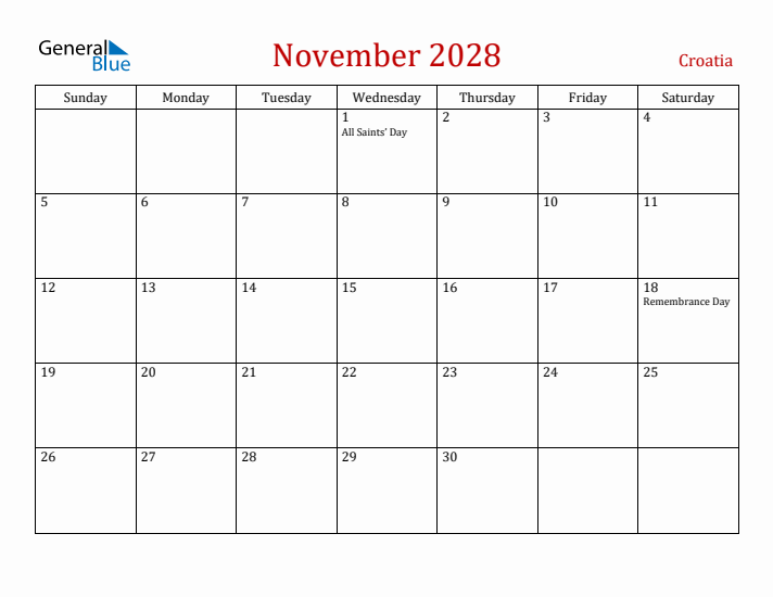 Croatia November 2028 Calendar - Sunday Start