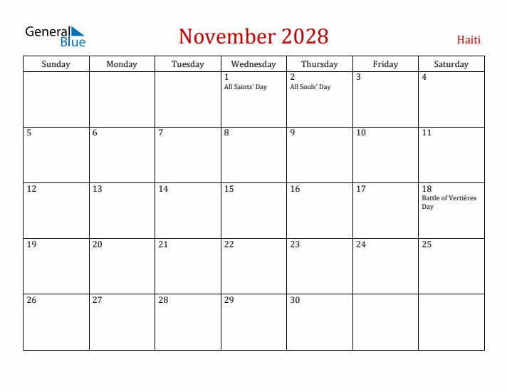 Haiti November 2028 Calendar - Sunday Start